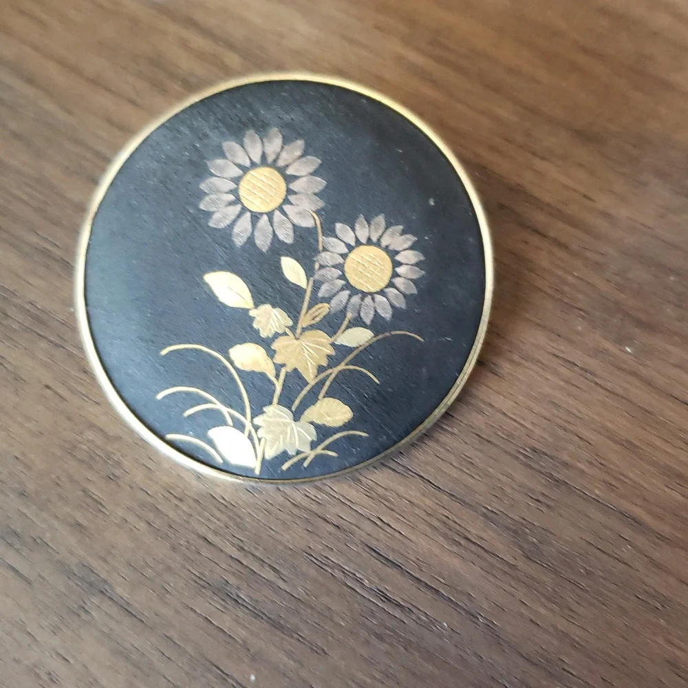 Vintage Damascene Amita Black and Gold Inlay Brooch Pin Pendant